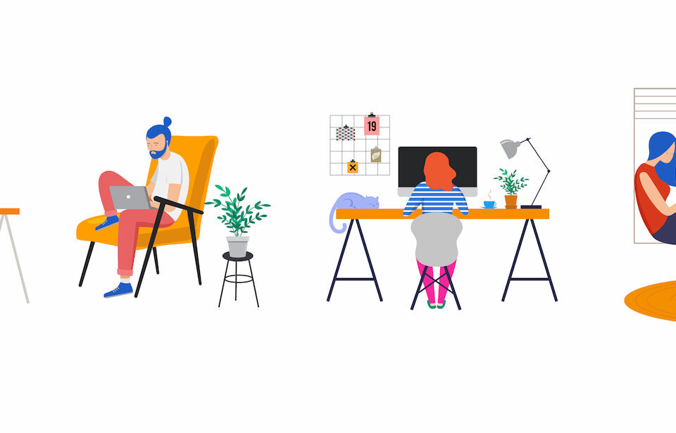 illustration employees working diverse locations remote working office home