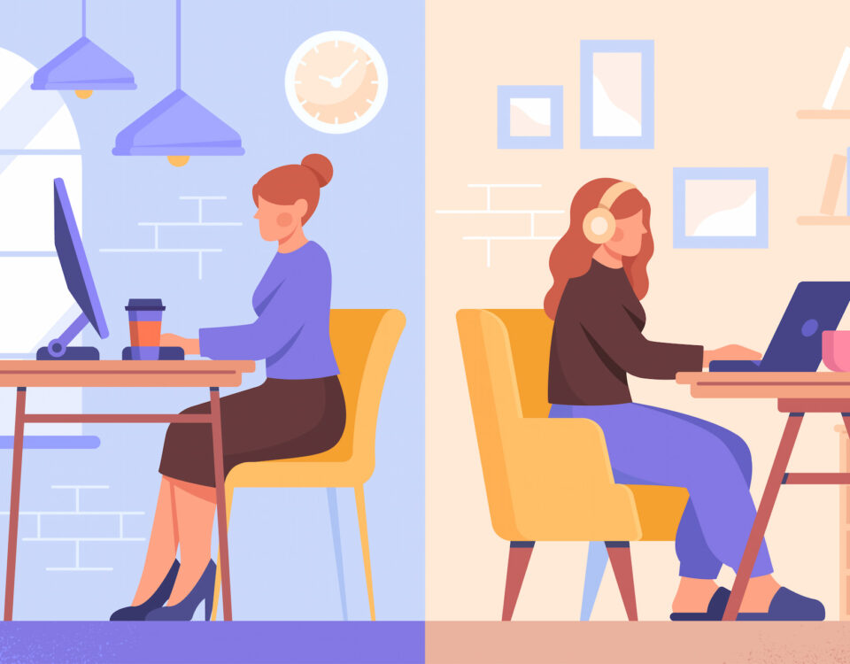 illustration woman working in office vs working at home orange violet