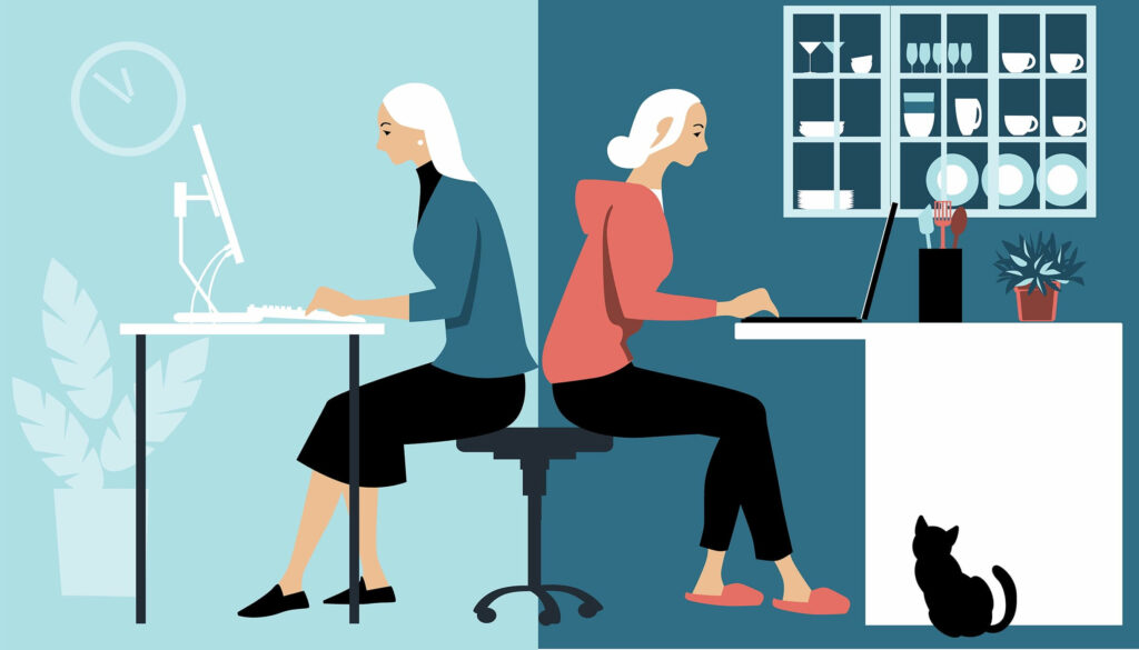 illustration woman working in office working remotely teal blue