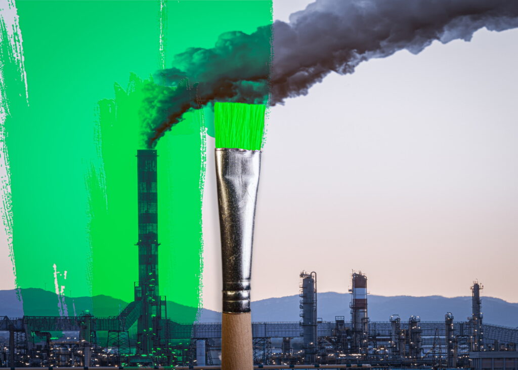 greenwashers green paint brush over polluting factory smoke stacks