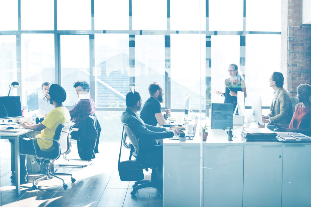 diverse office team employees working on computers