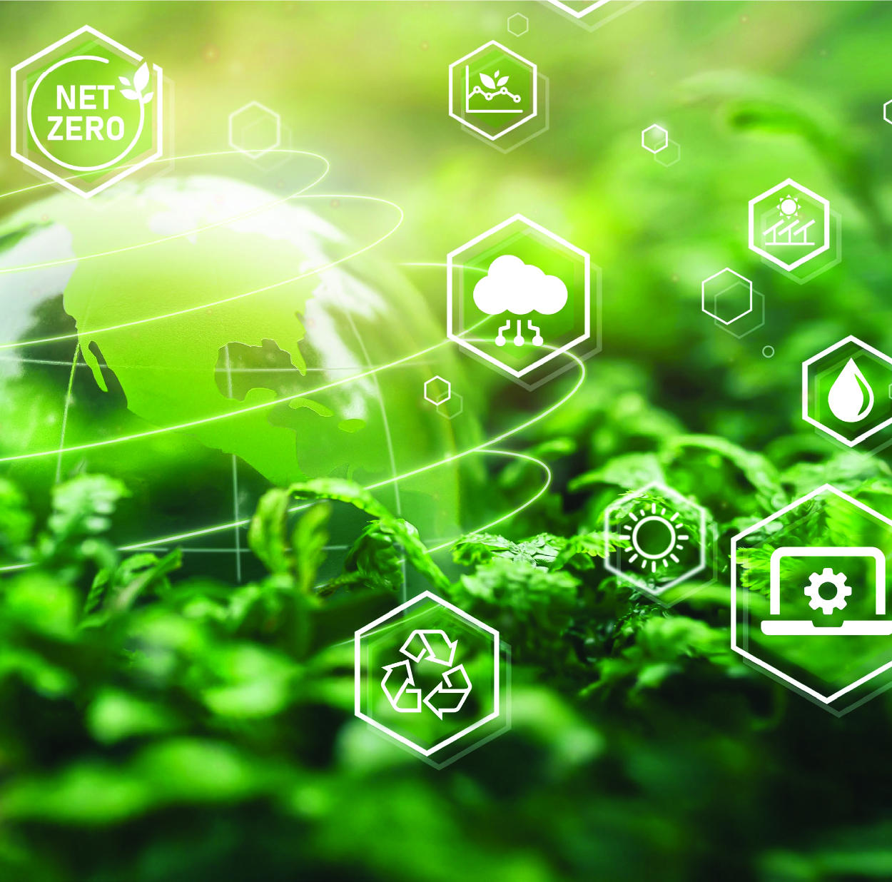 sustainability graphic globe with icons surrounding