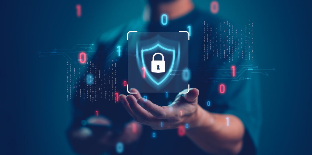 data security graphic man hand outstretched lock shield icon
