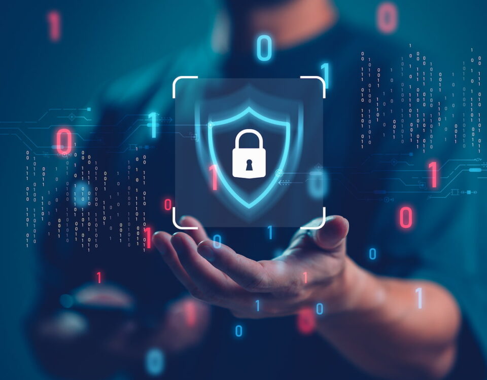 data security graphic man hand outstretched lock shield icon