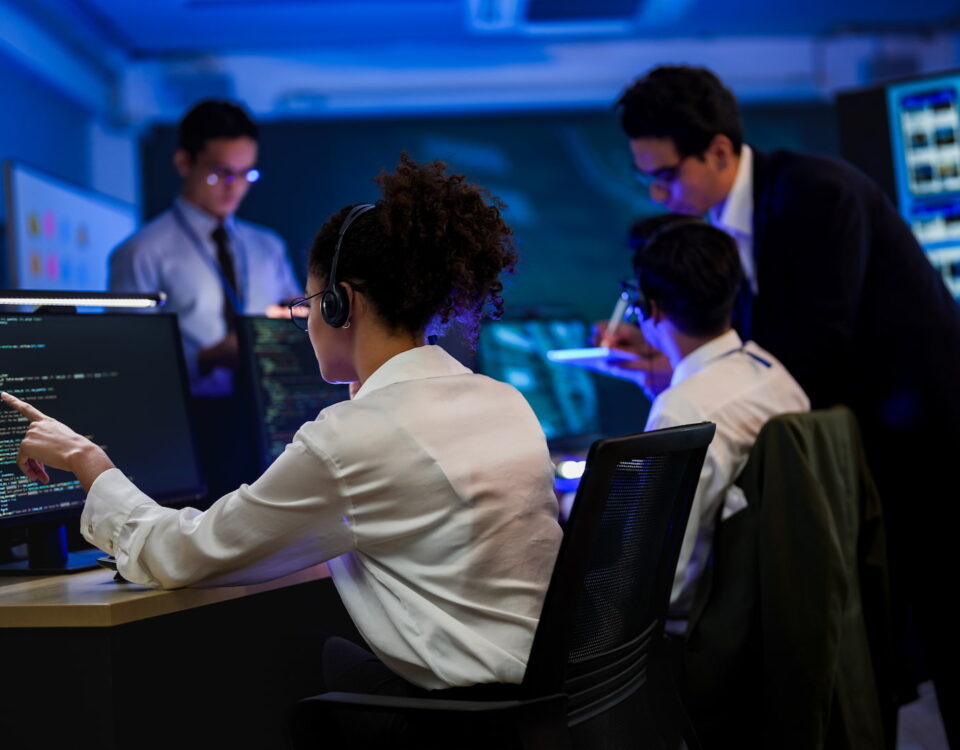 female it support technician pointing at monitor