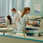 nhs healthcare worker using photocopier printer